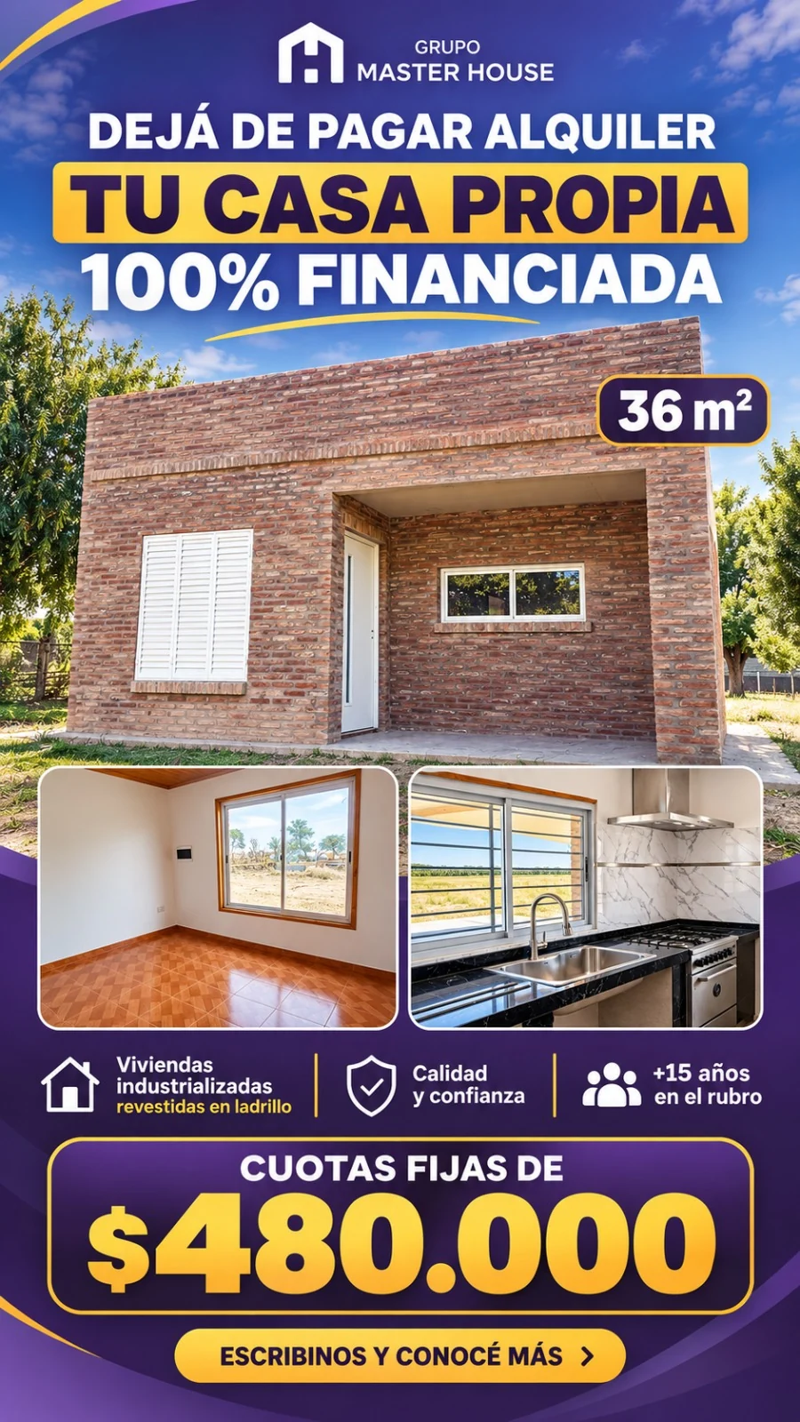 Promoción Grupo Master House: Tu casa 100% financiada. Cuotas fijas de $480.000.
